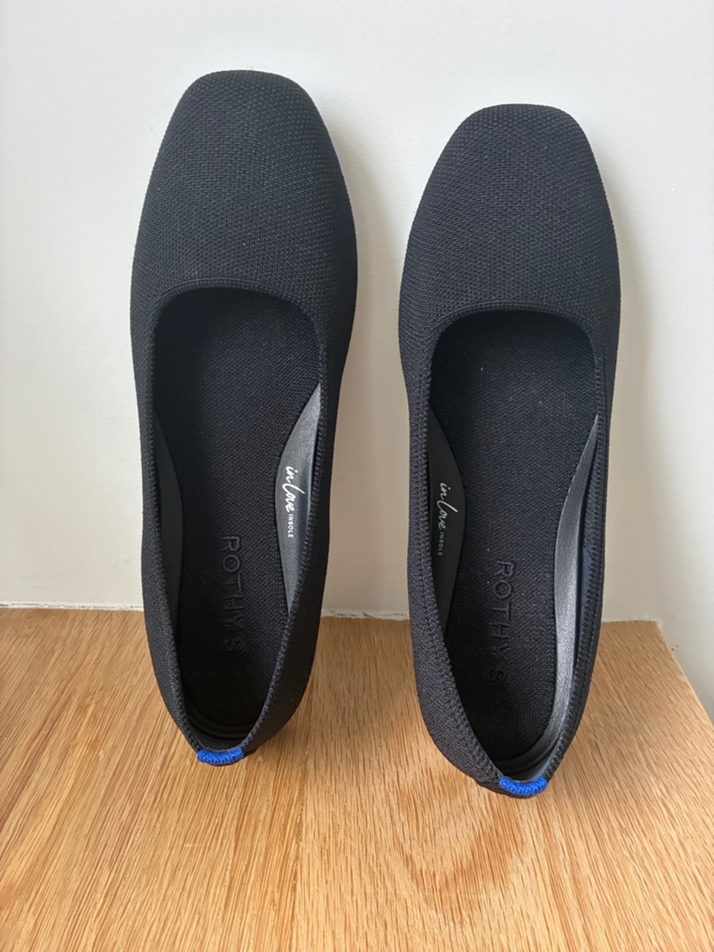 Rothy's Black Knit Slip-On Ballet Flats with Blue Tab
